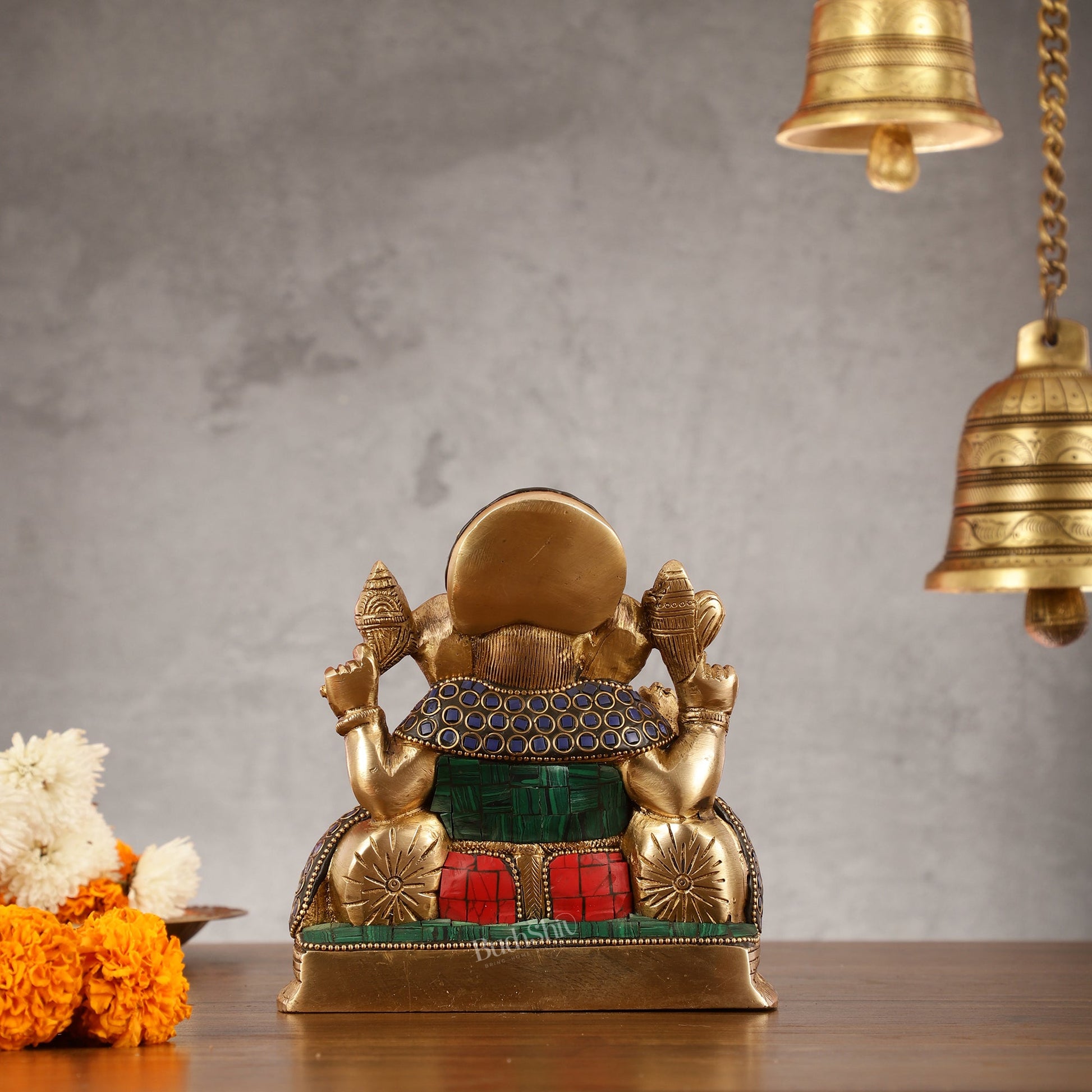 Brass Lord Ganesha Statue with Stonework - 6.5 Inch - Budhshiv.com