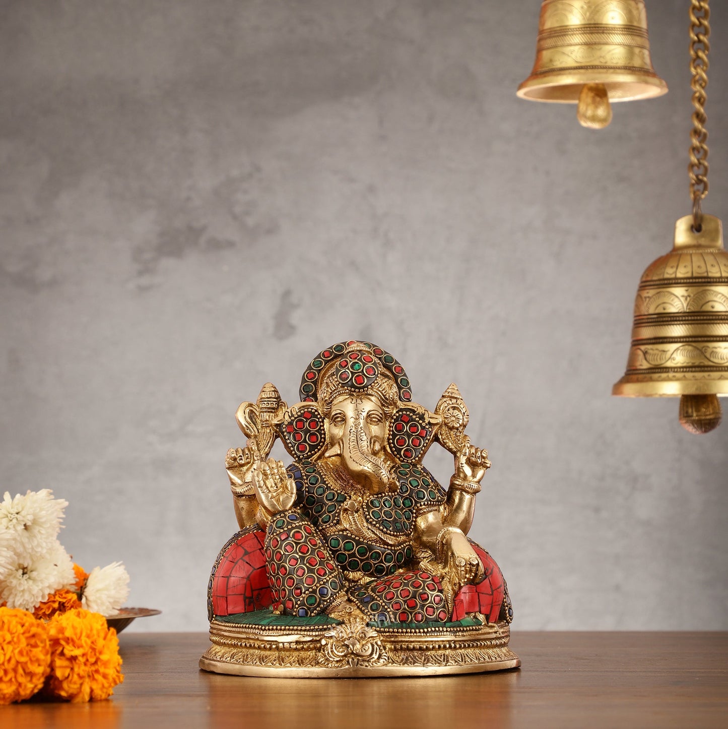Brass Lord Ganesha Statue with Stonework - 6.5 Inch - Budhshiv.com