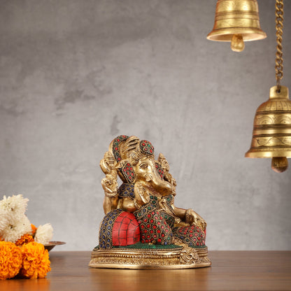 Brass Lord Ganesha Statue with Stonework - 6.5 Inch - Budhshiv.com