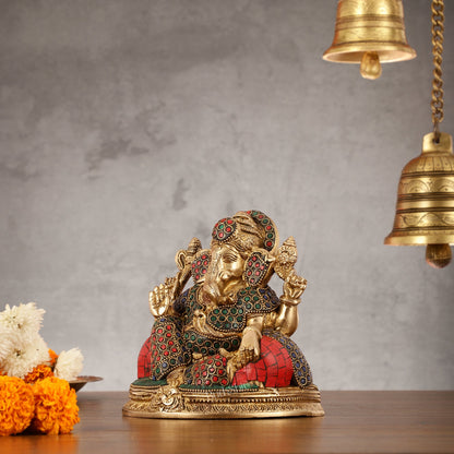 Brass Lord Ganesha Statue with Stonework - 6.5 Inch - Budhshiv.com