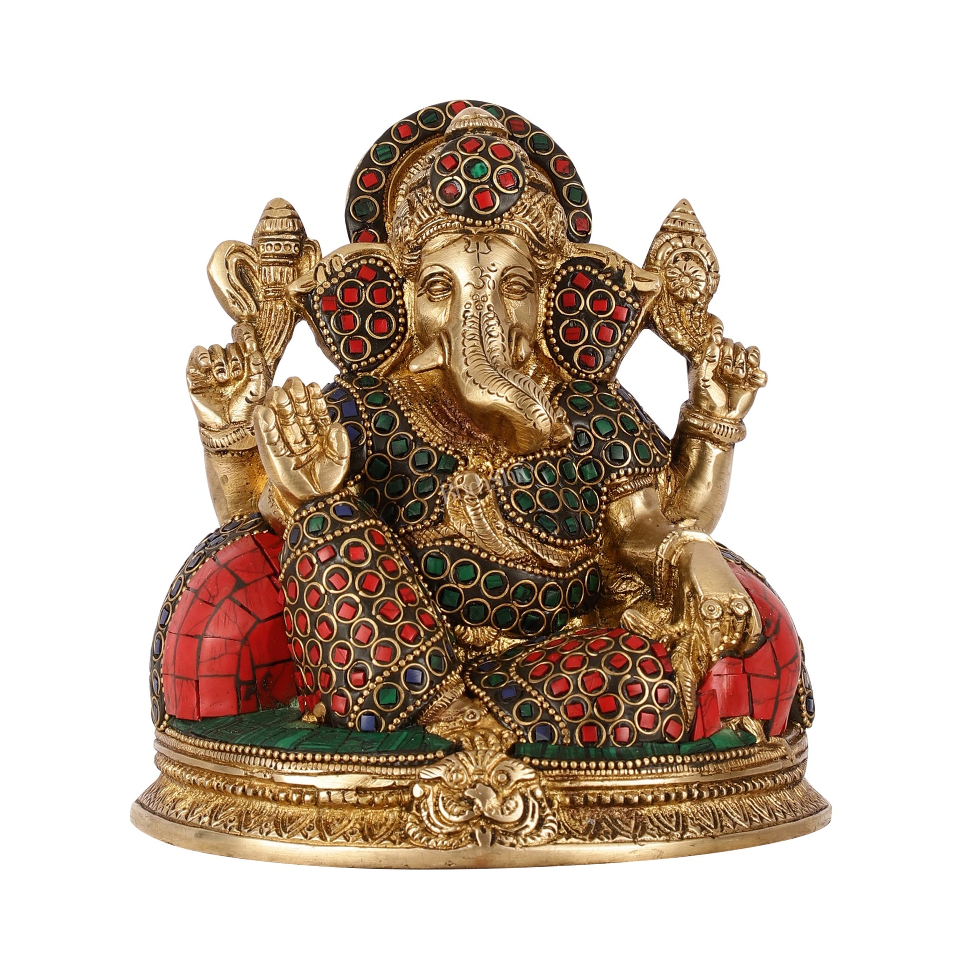 Brass Lord Ganesha Statue with Stonework - 6.5 Inch - Budhshiv.com