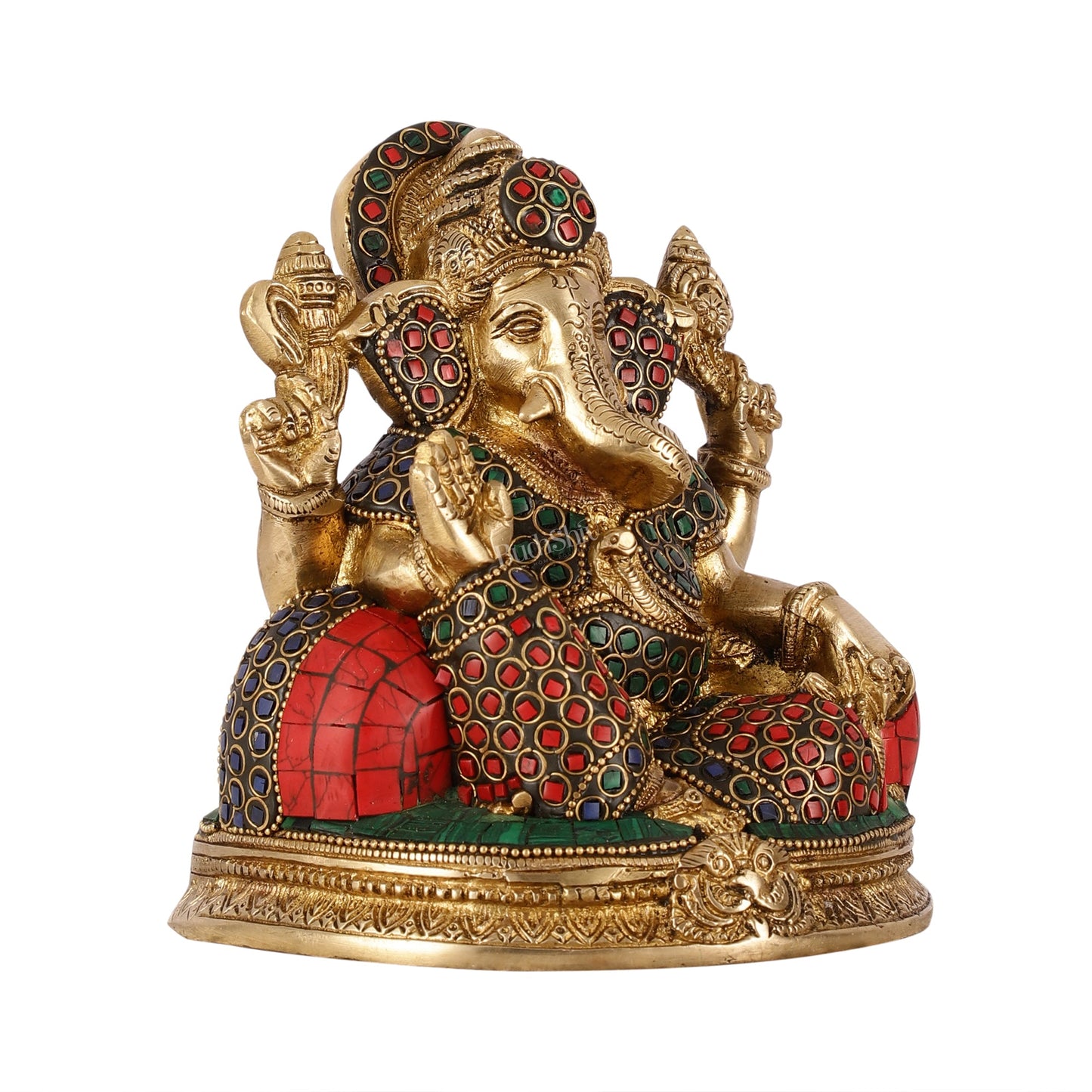 Brass Lord Ganesha Statue with Stonework - 6.5 Inch - Budhshiv.com