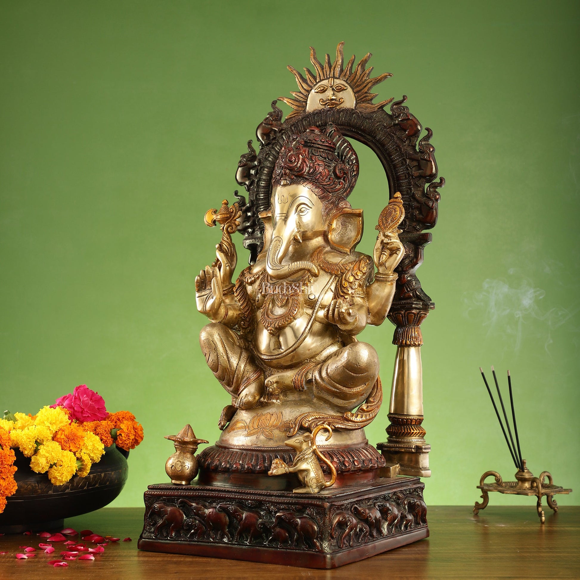 Brass Lord Ganesha Statue with Surya Dev and Elephants - 24.8x12x10 Inch - Budhshiv.com