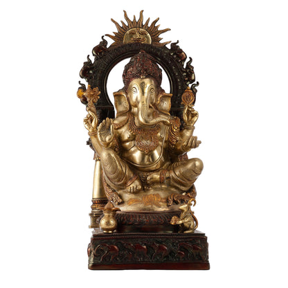 Brass Lord Ganesha Statue with Surya Dev and Elephants - 24.8x12x10 Inch - Budhshiv.com