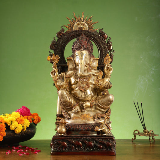 Brass Lord Ganesha Statue with Surya Dev and Elephants - 24.8x12x10 Inch - Budhshiv.com