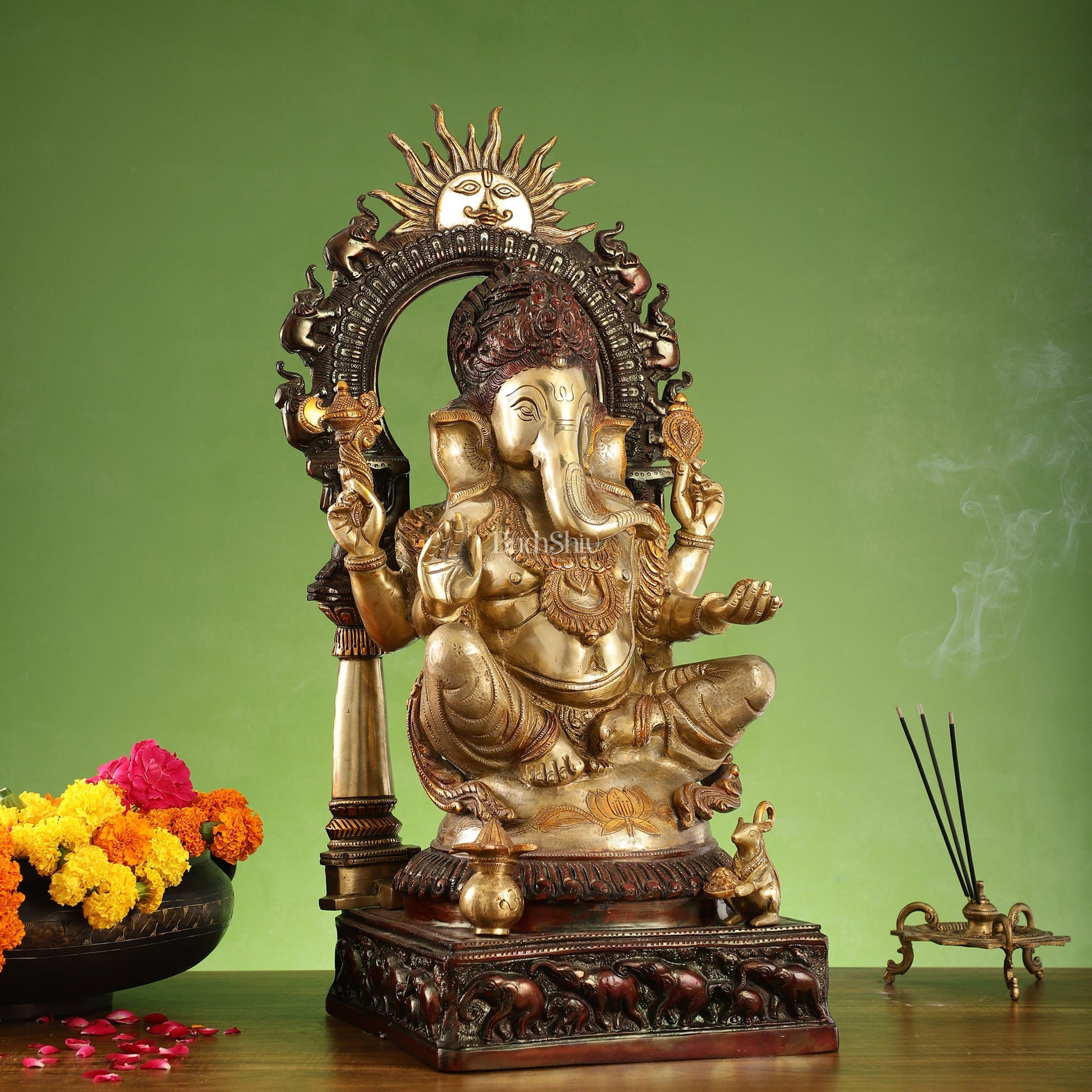 Brass Lord Ganesha Statue with Surya Dev and Elephants - 24.8x12x10 Inch - Budhshiv.com