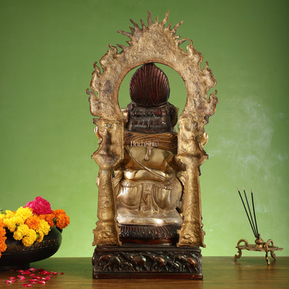 Brass Lord Ganesha Statue with Surya Dev and Elephants - 24.8x12x10 Inch - Budhshiv.com