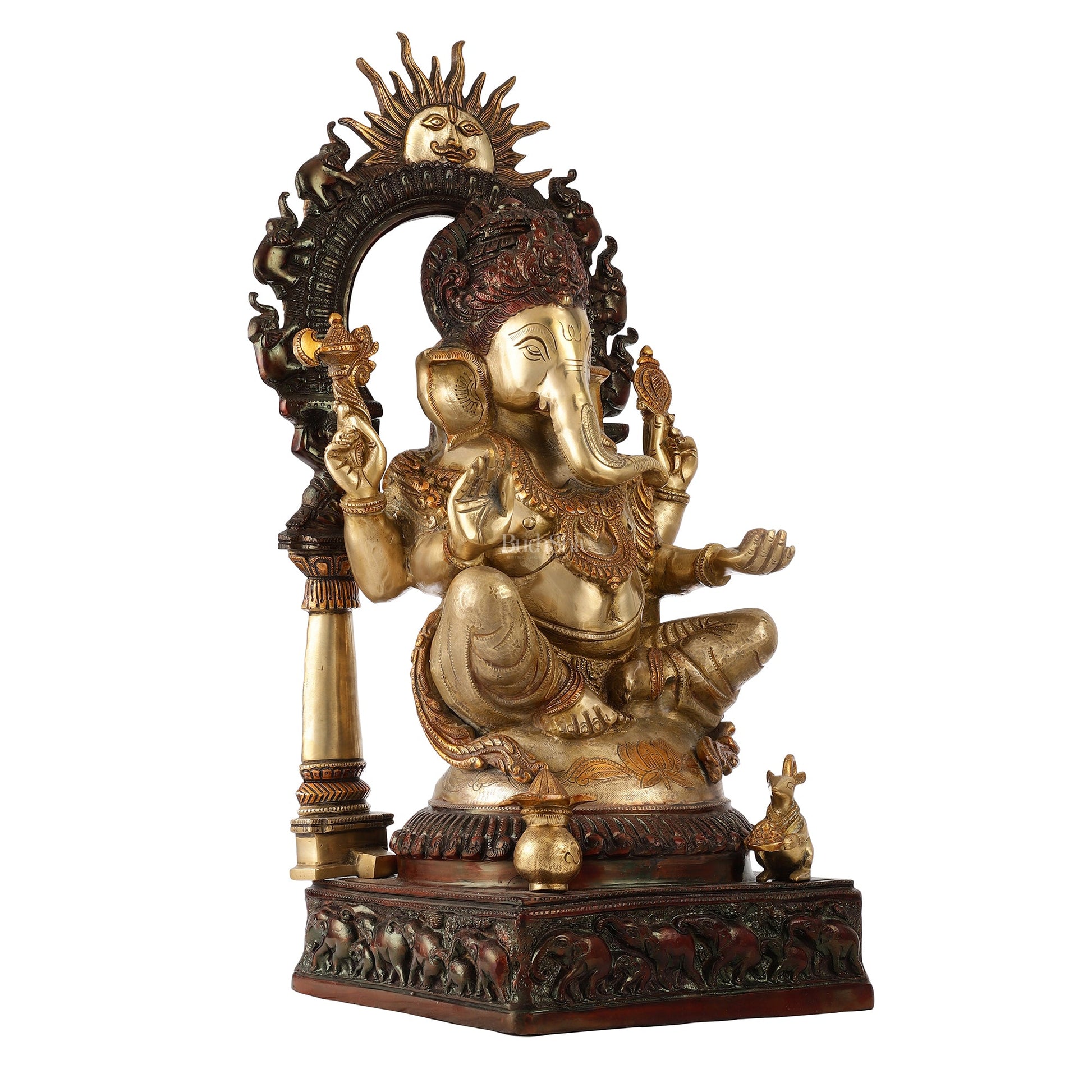 Brass Lord Ganesha Statue with Surya Dev and Elephants - 24.8x12x10 Inch - Budhshiv.com