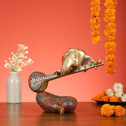 Brass Lord Ganesha with Veena Table Accent Showpiece - 9.5 Inch - Budhshiv.com