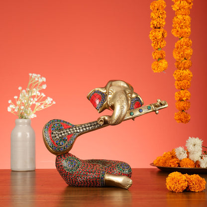 Brass Lord Ganesha with Veena Table Accent Showpiece - 9.5 Inch - Budhshiv.com