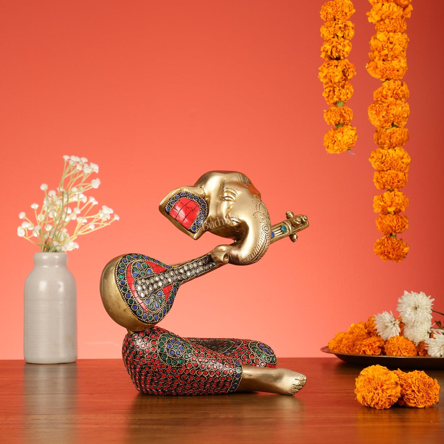 Brass Lord Ganesha with Veena Table Accent Showpiece - 9.5 Inch - Budhshiv.com