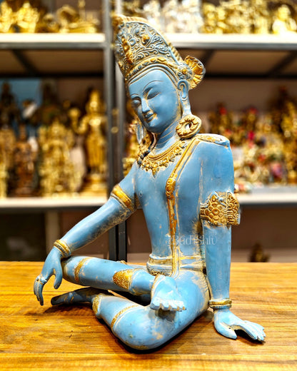 Brass Lord Indra Dev Idol with Blue Patina - 14 inch - Budhshiv.com