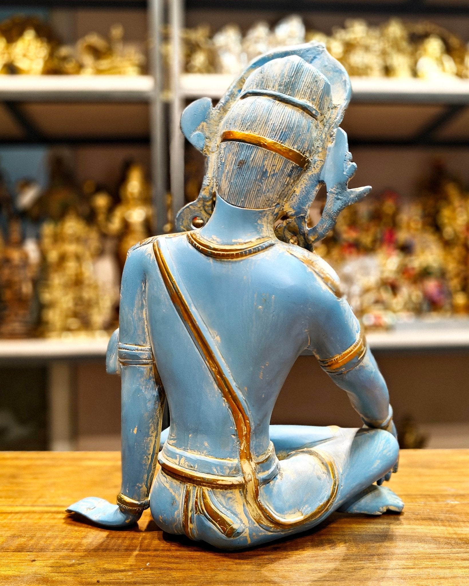 Brass Lord Indra Dev Idol with Blue Patina - 14 inch - Budhshiv.com