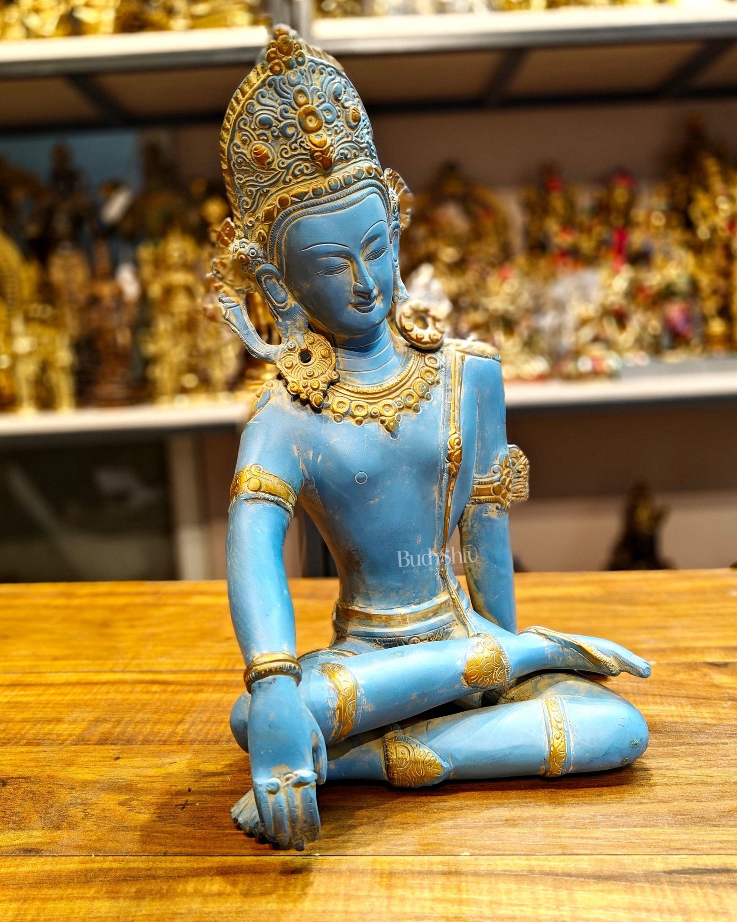 Brass Lord Indra Dev Idol with Blue Patina - 14 inch - Budhshiv.com