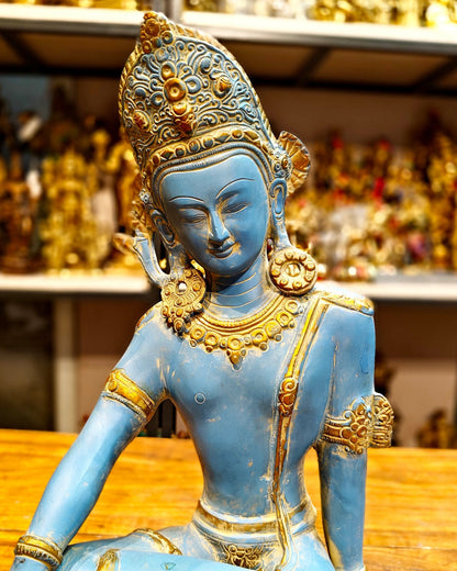 Brass Lord Indra Dev Idol with Blue Patina - 14 inch - Budhshiv.com