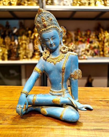 Brass Lord Indra Dev Idol with Blue Patina - 14 inch - Budhshiv.com