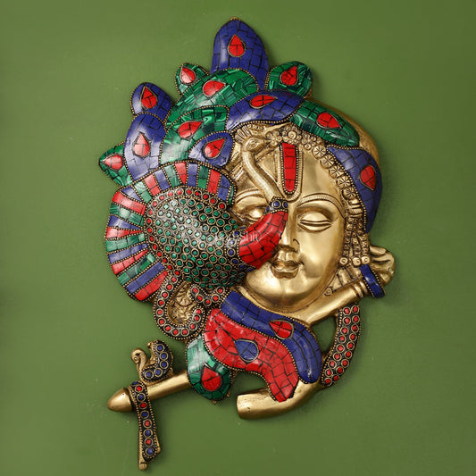 Brass Lord Krishna Face Wall Hanging with Peacock Design - 12.5 x 9 inch - Budhshiv.com