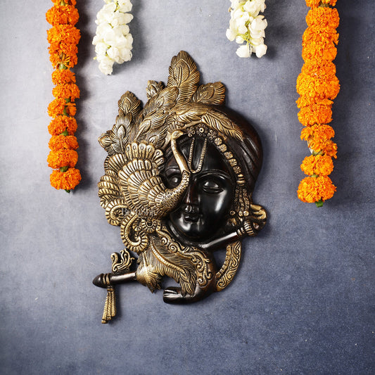 Brass Lord Krishna Face Wall Hanging with Peacock Design - 12.5 x 9 inch - Budhshiv.com