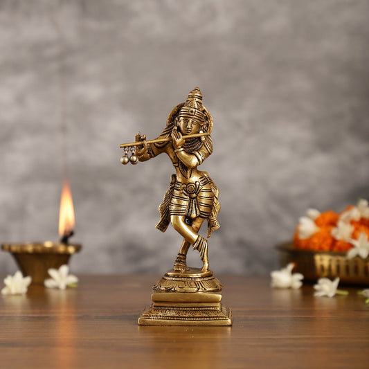 Brass Lord Krishna Idol | Height 7.5 inch - Budhshiv.com