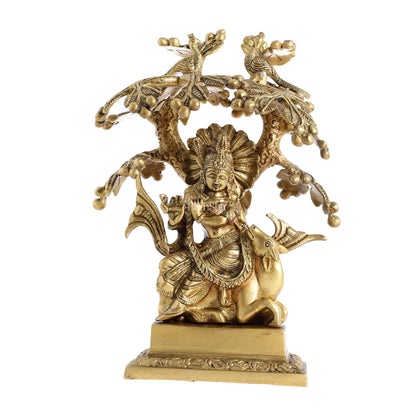 Brass Lord Krishna Idol on Cow with Kalpavriksha | 12 inch - Budhshiv.com