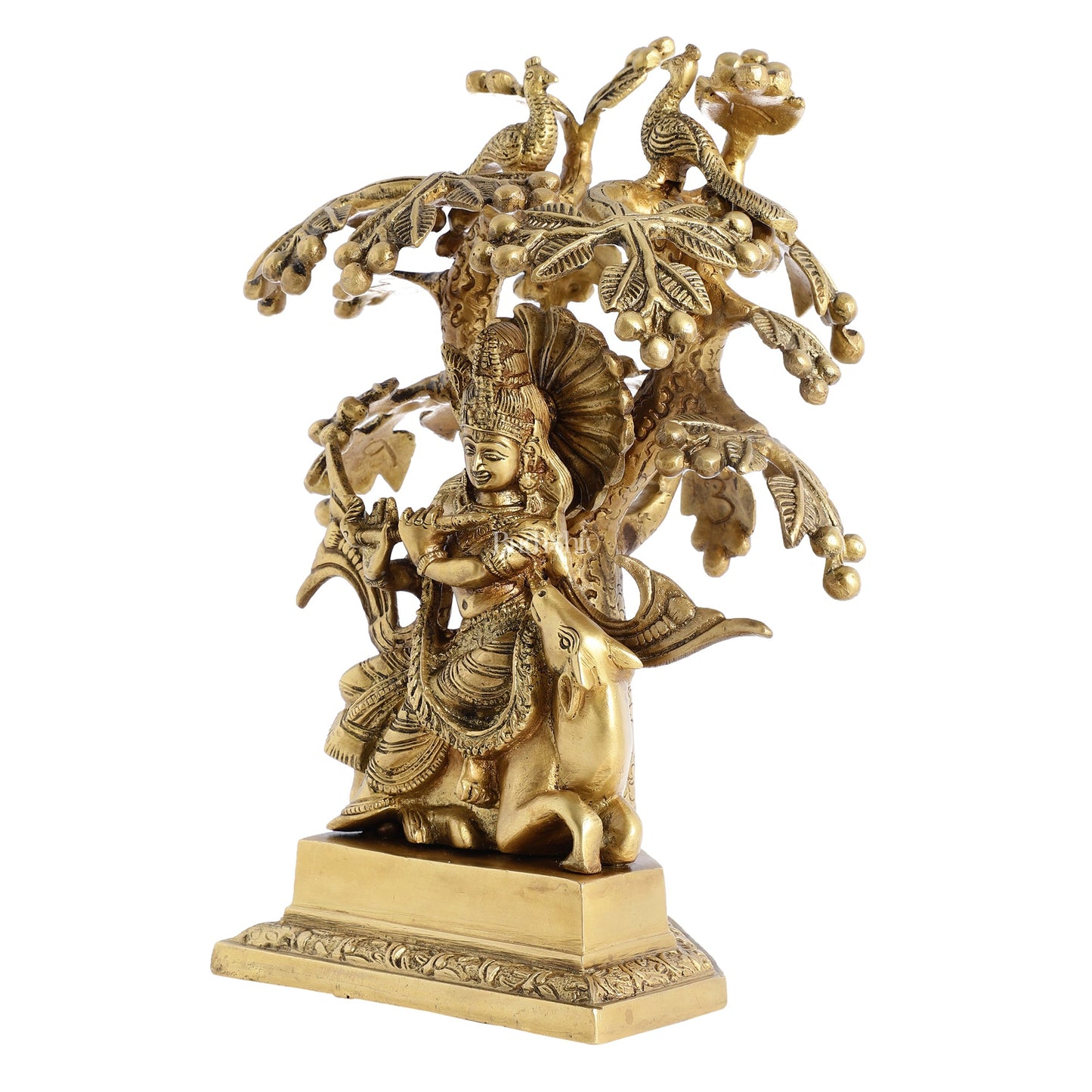 Brass Lord Krishna Idol on Cow with Kalpavriksha | 12 inch - Budhshiv.com