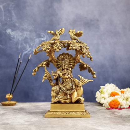 Brass Lord Krishna Idol on Cow with Kalpavriksha | 12 inch - Budhshiv.com