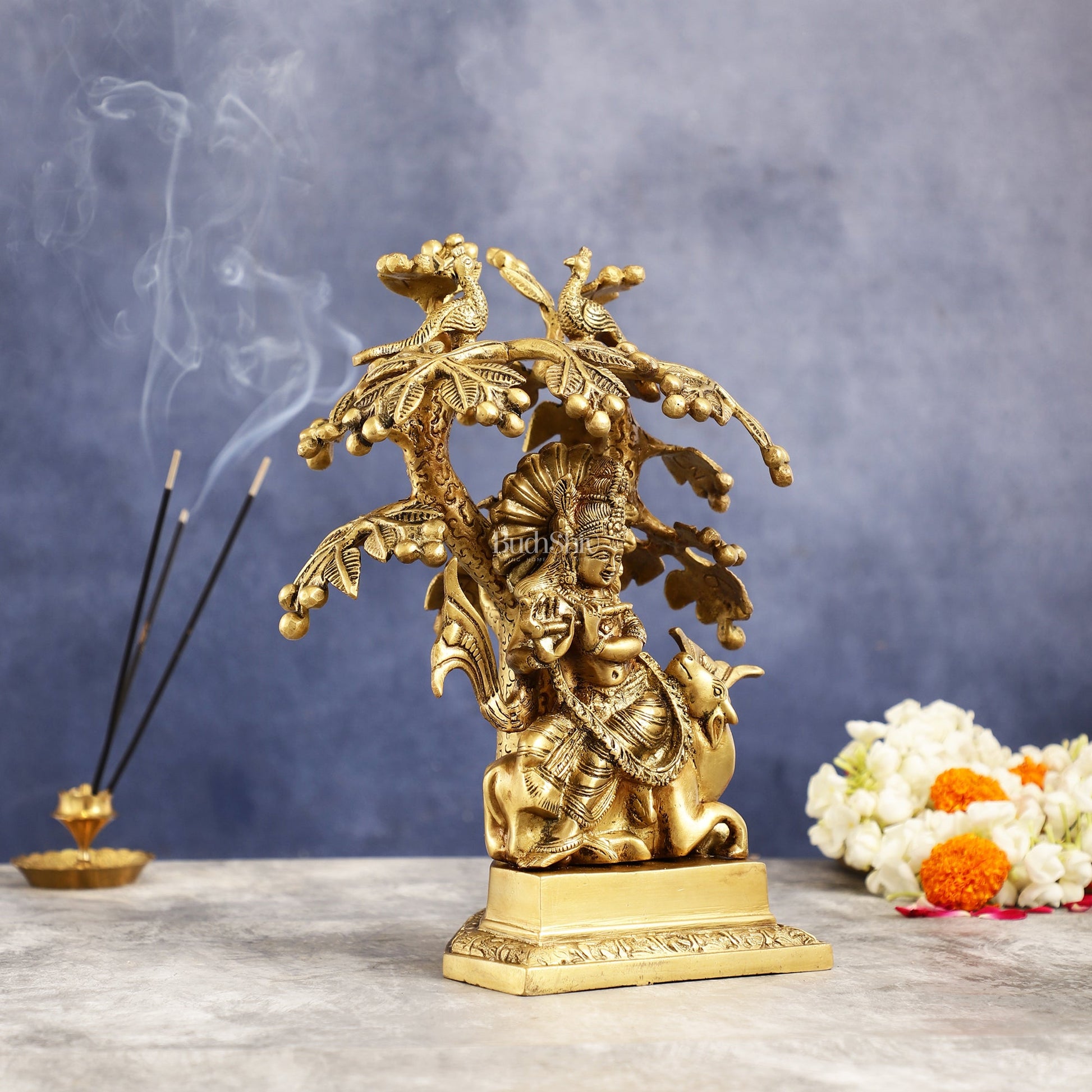 Brass Lord Krishna Idol on Cow with Kalpavriksha | 12 inch - Budhshiv.com