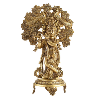 Brass Lord Krishna under Kalpavriksha 18" - Budhshiv.com