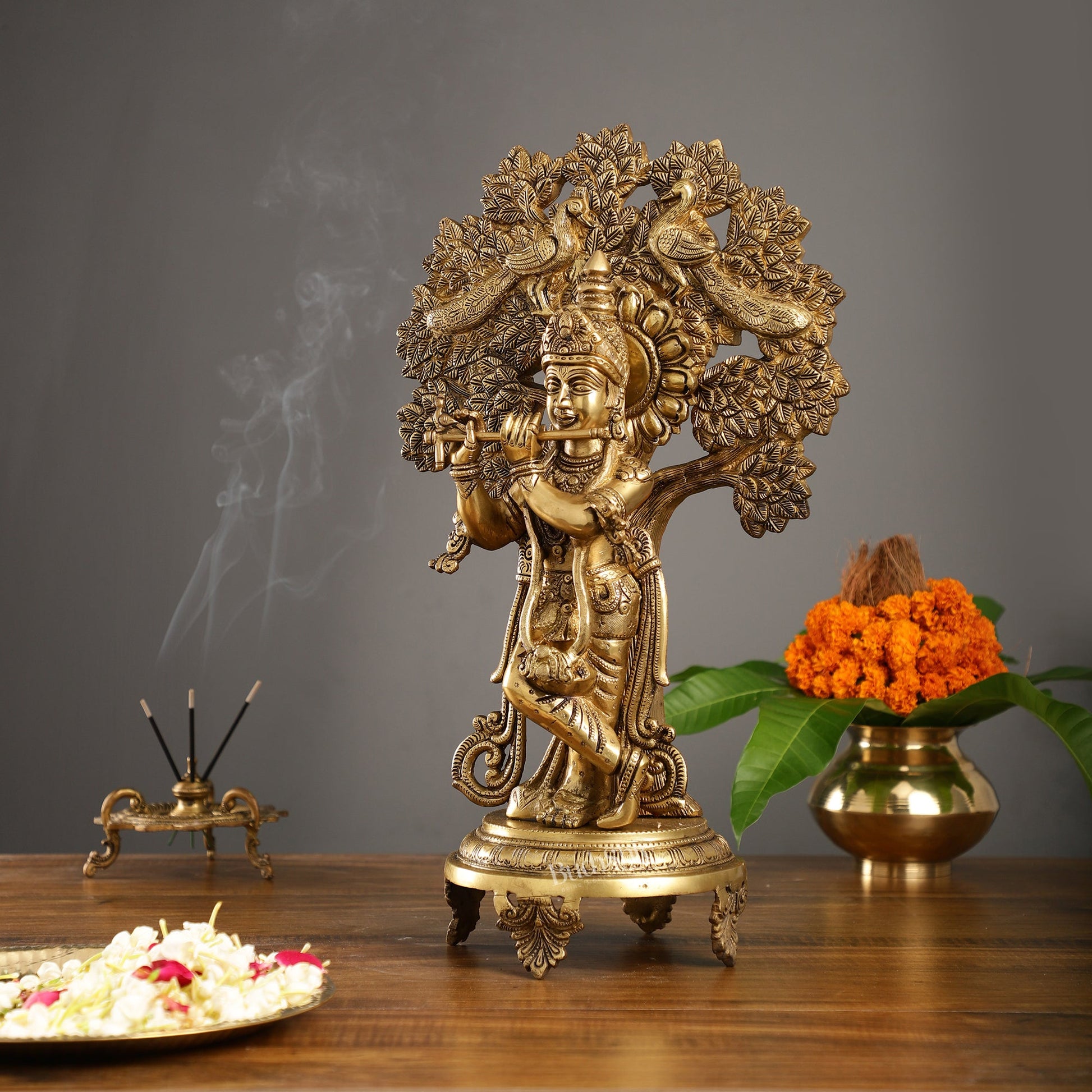 Brass Lord Krishna under Kalpavriksha 18" - Budhshiv.com