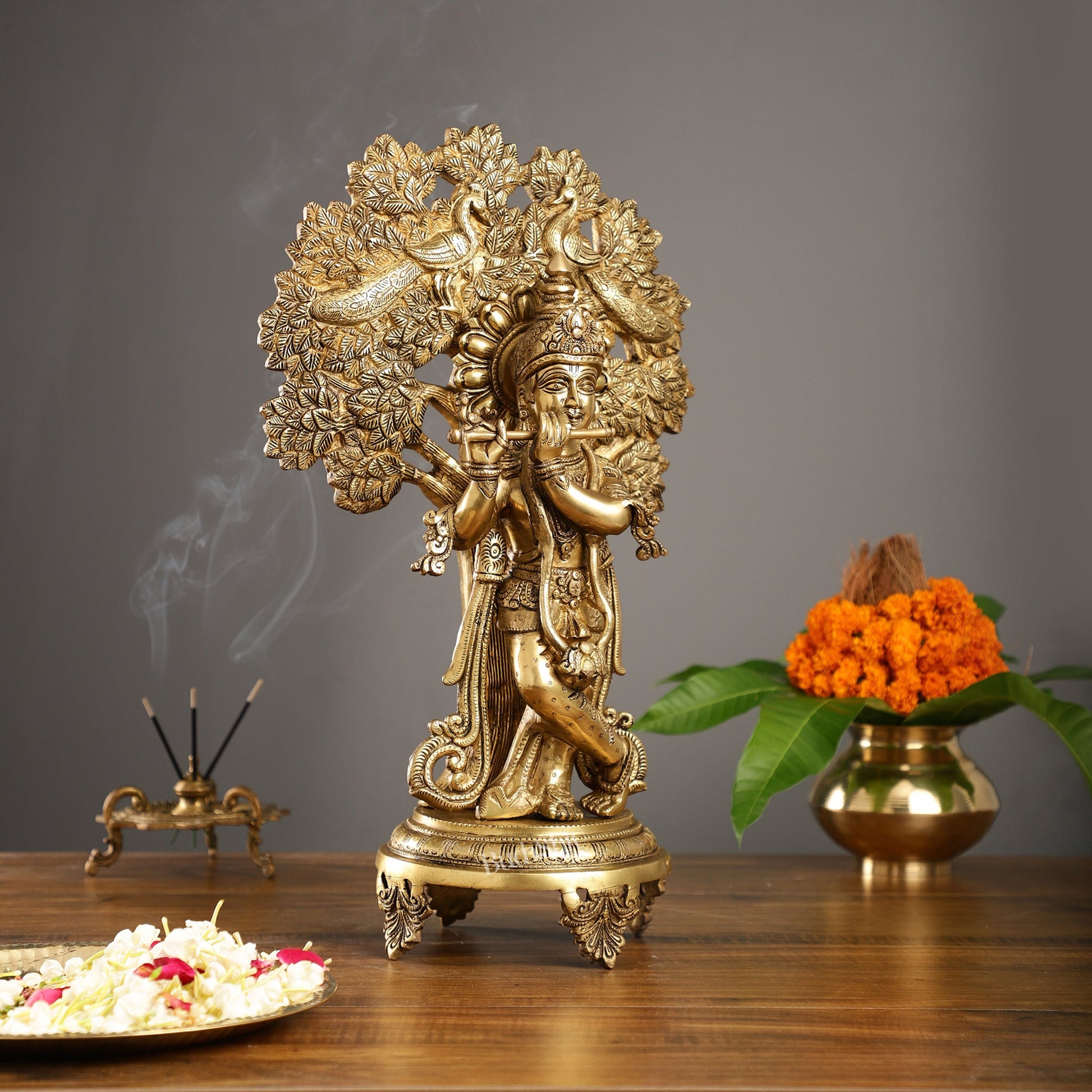 Brass Lord Krishna under Kalpavriksha 18" - Budhshiv.com