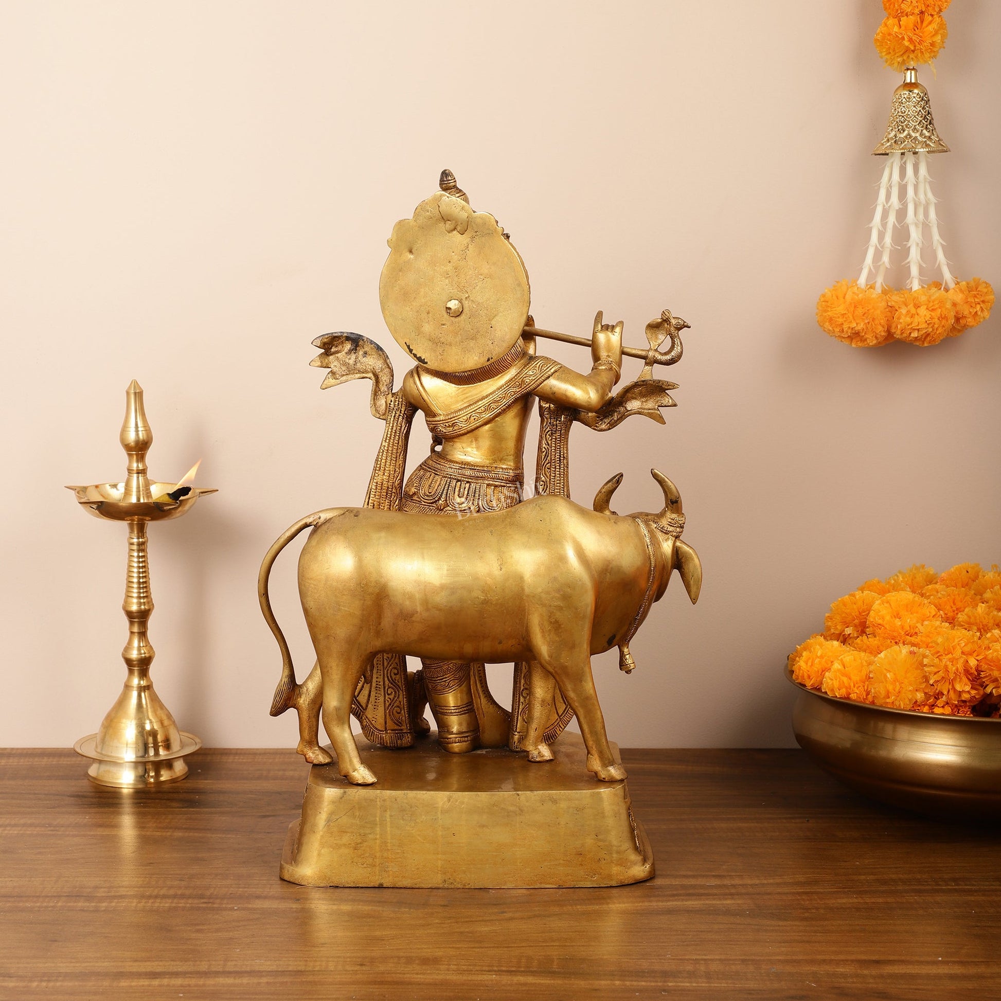 Brass Lord Krishna with Cow Idol - 20 Inch - Budhshiv.com