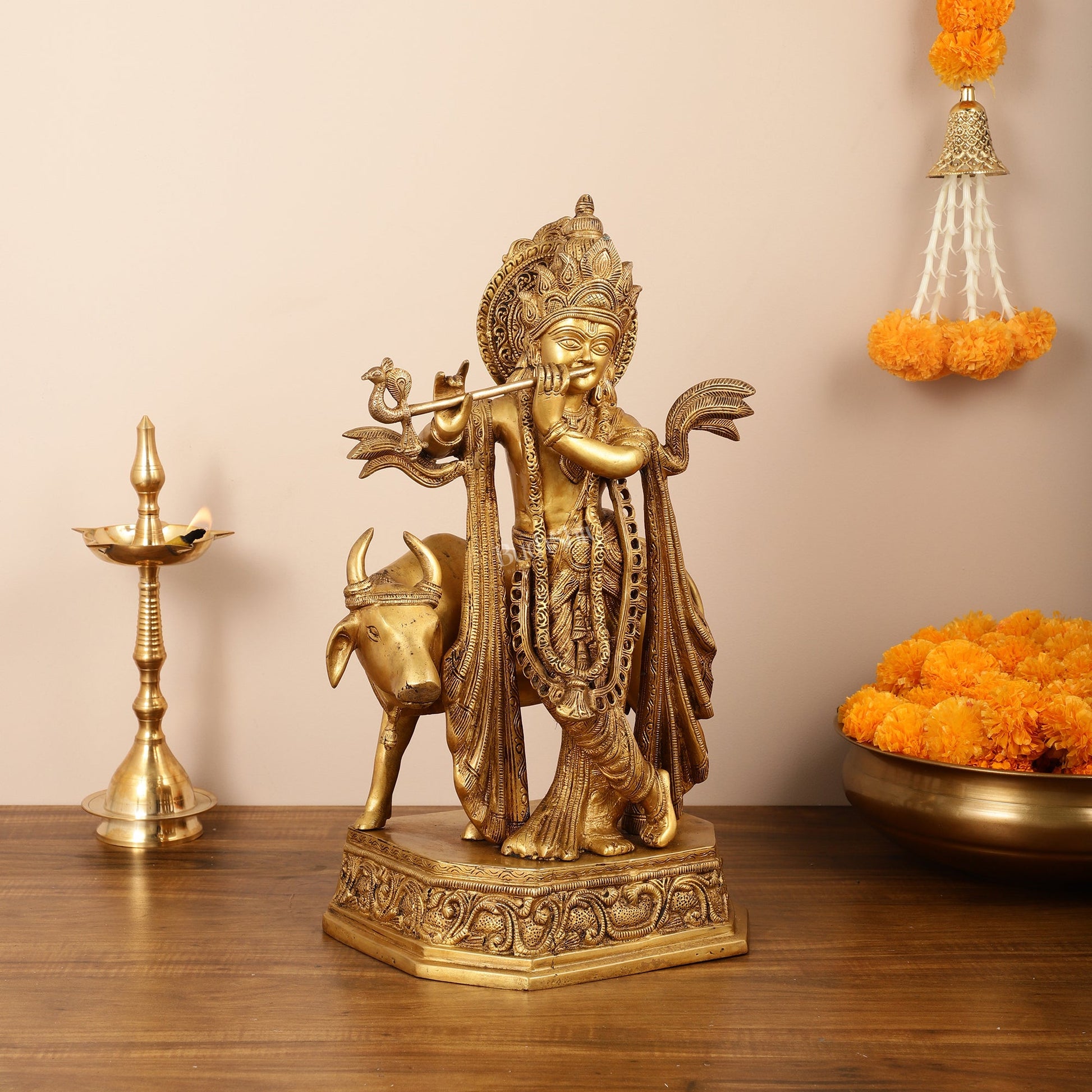 Brass Lord Krishna with Cow Idol - 20 Inch - Budhshiv.com