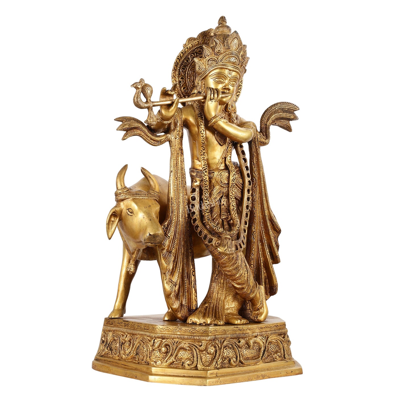 Brass Lord Krishna with Cow Idol - 20 Inch - Budhshiv.com