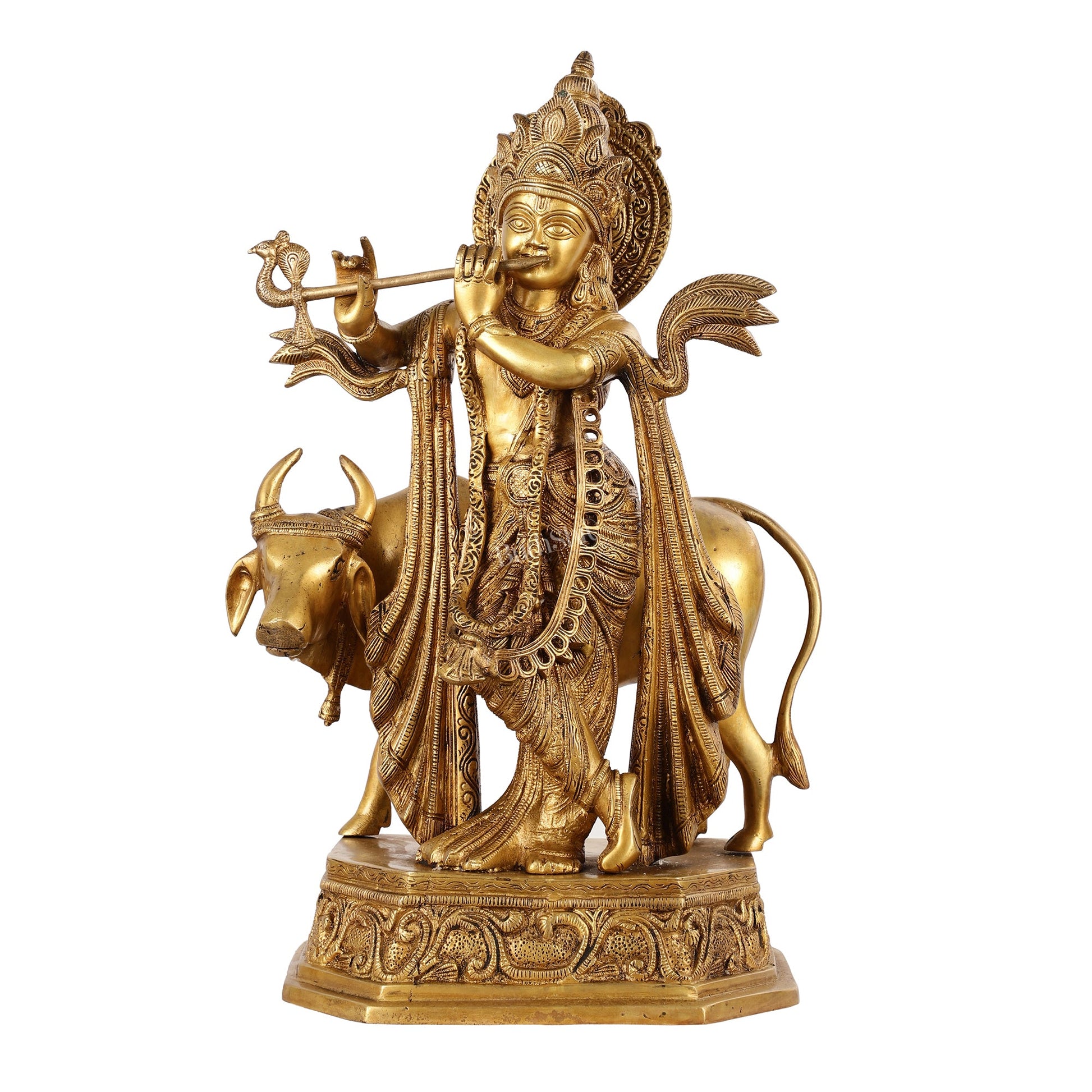 Brass Lord Krishna with Cow Idol - 20 Inch - Budhshiv.com