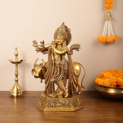 Brass Lord Krishna with Cow Idol - 20 Inch - Budhshiv.com