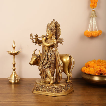 Brass Lord Krishna with Cow Idol - 20 Inch - Budhshiv.com