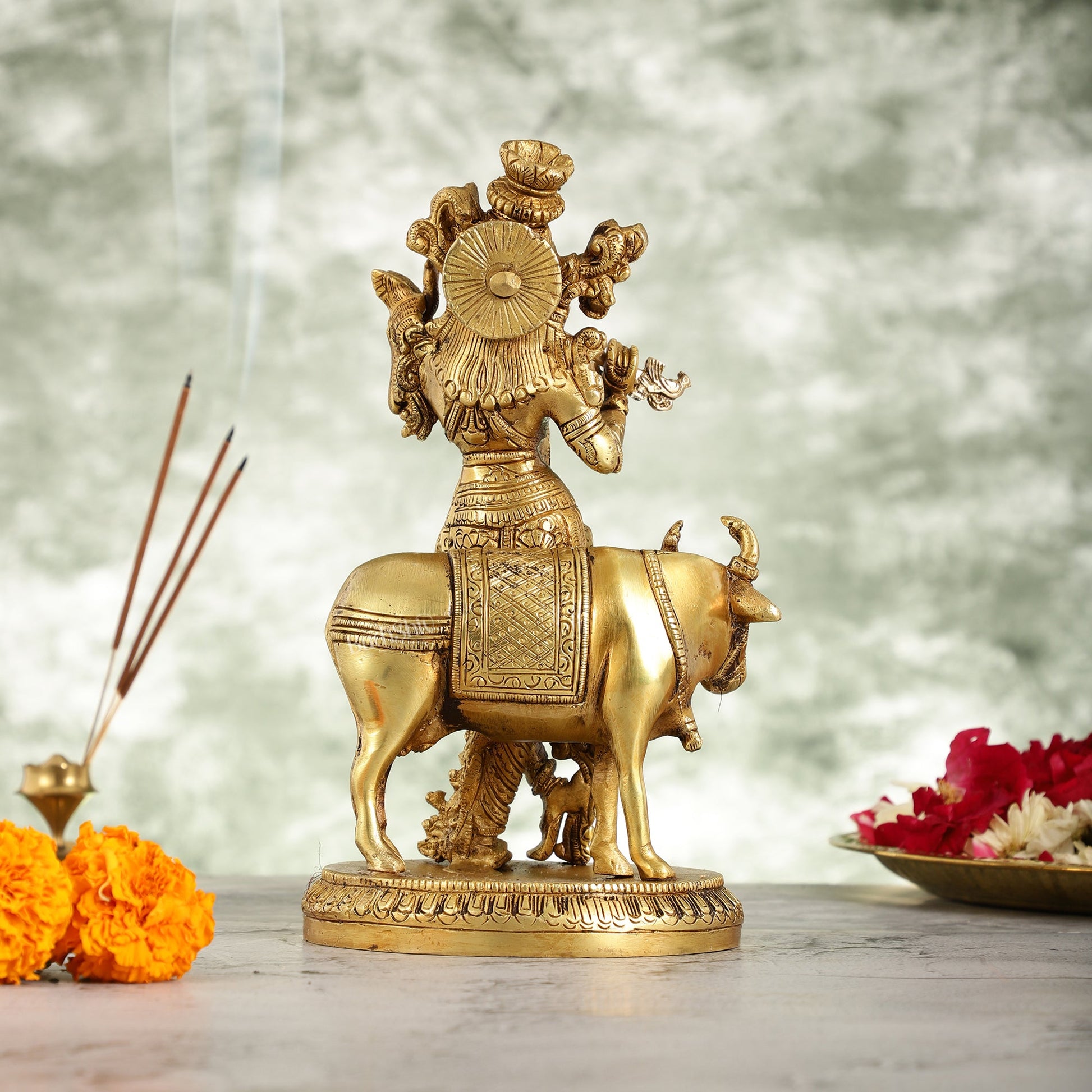 Brass Lord Krishna with Cow Idol - 9.5 Inch - Budhshiv.com