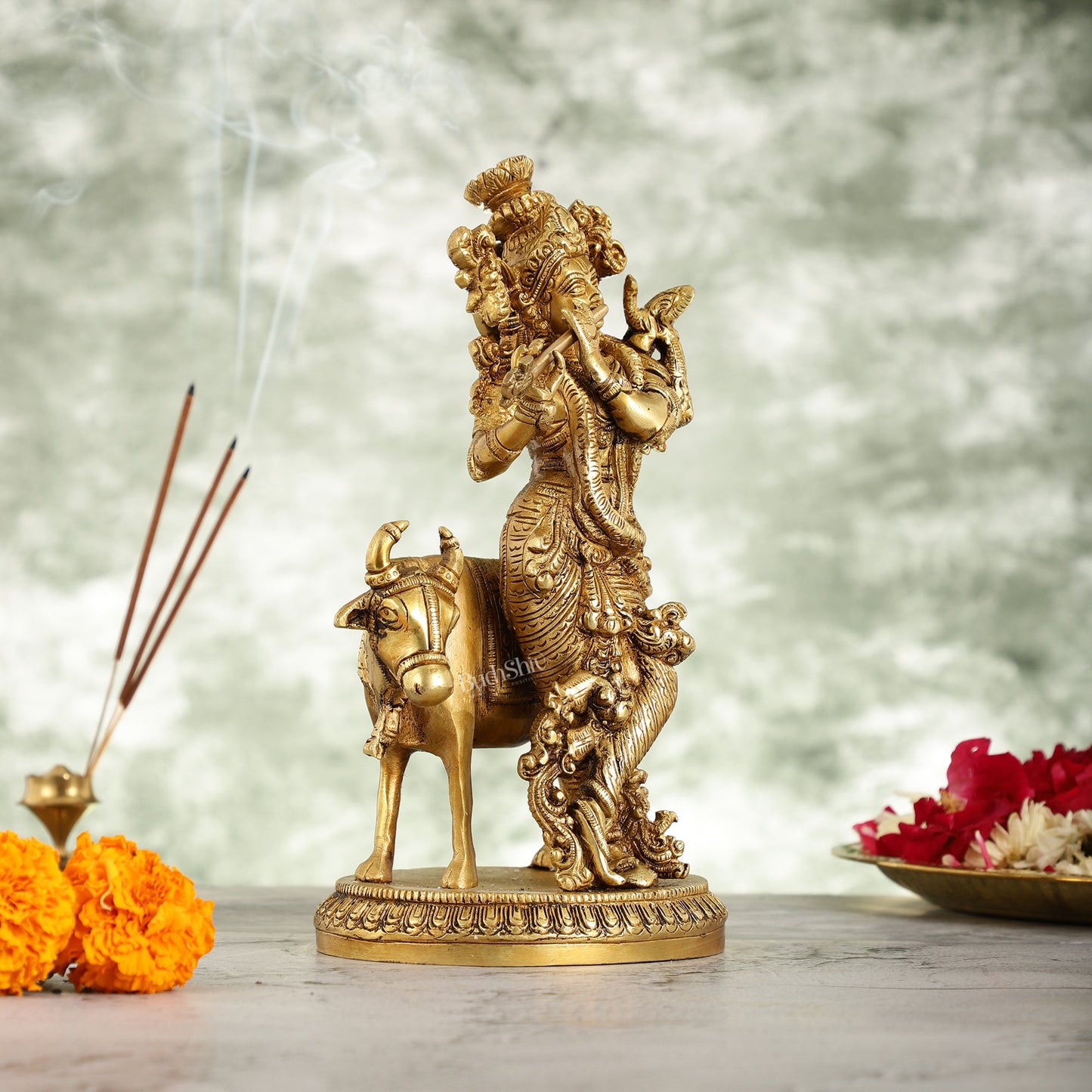 Brass Lord Krishna with Cow Idol - 9.5 Inch - Budhshiv.com