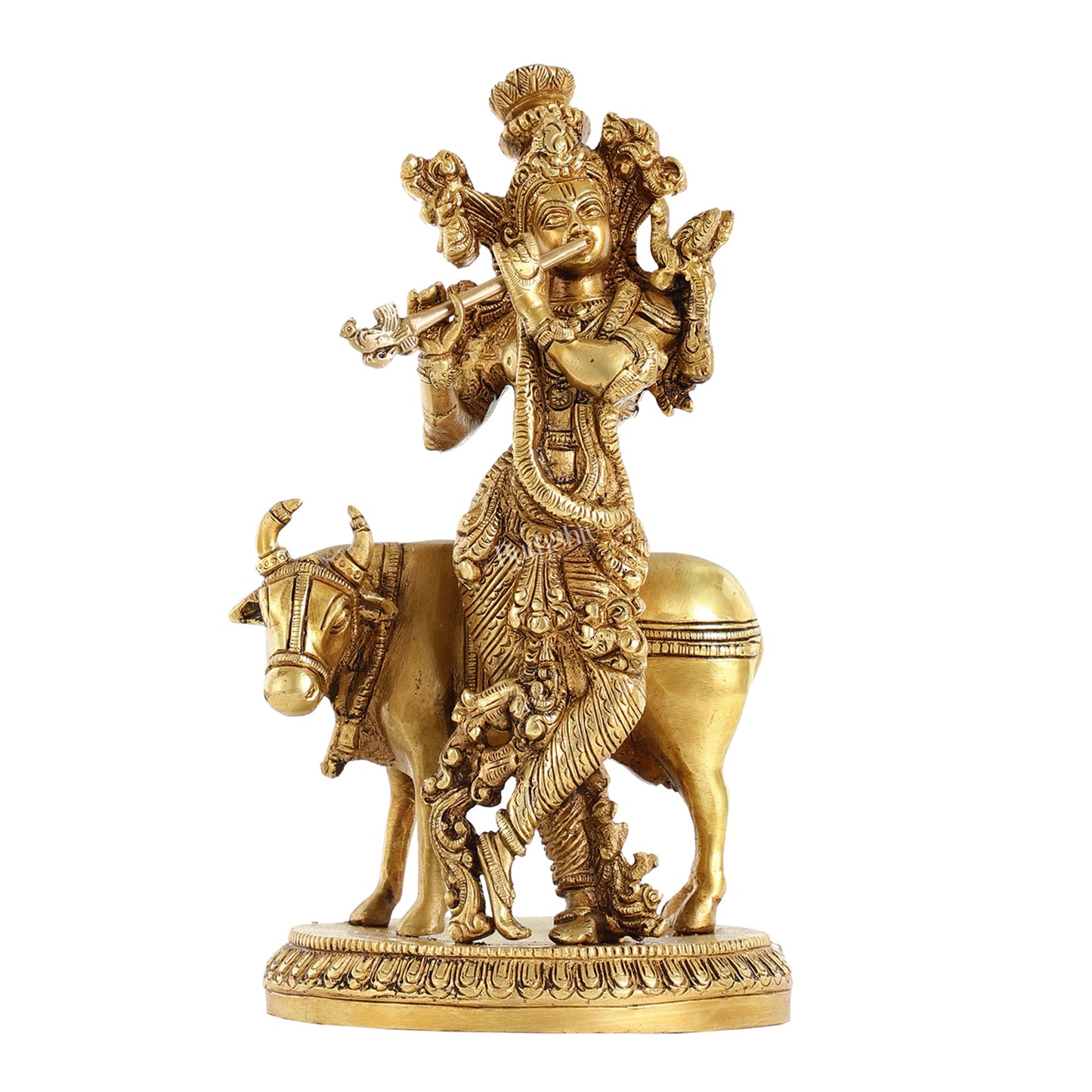 Brass Lord Krishna with Cow Idol - 9.5 Inch - Budhshiv.com