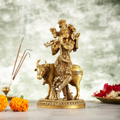 Brass Lord Krishna with Cow Idol - 9.5 Inch - Budhshiv.com