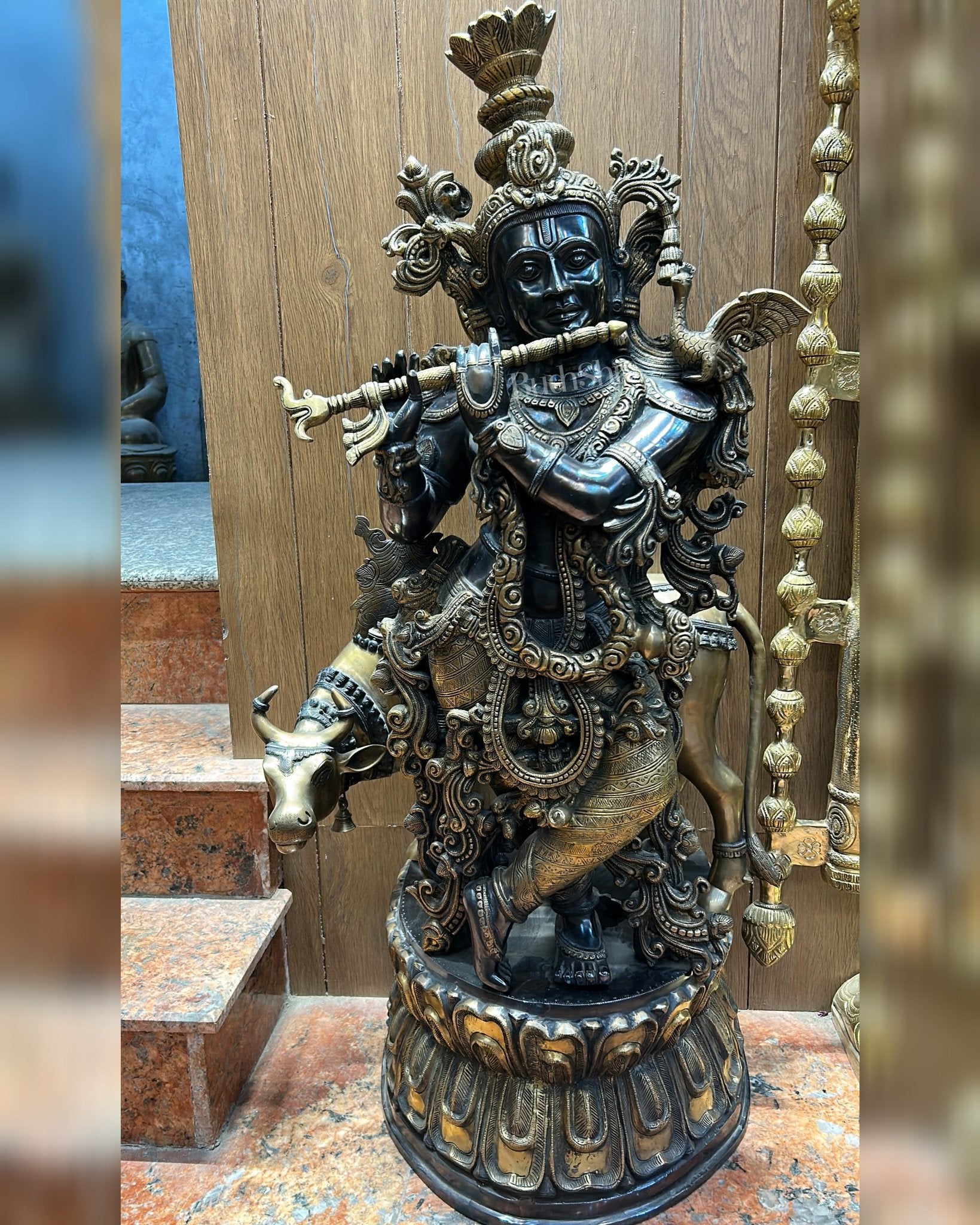 Brass Lord Krishna with Cow Statue | Large Size | 46"/ 4 feet - Budhshiv.com
