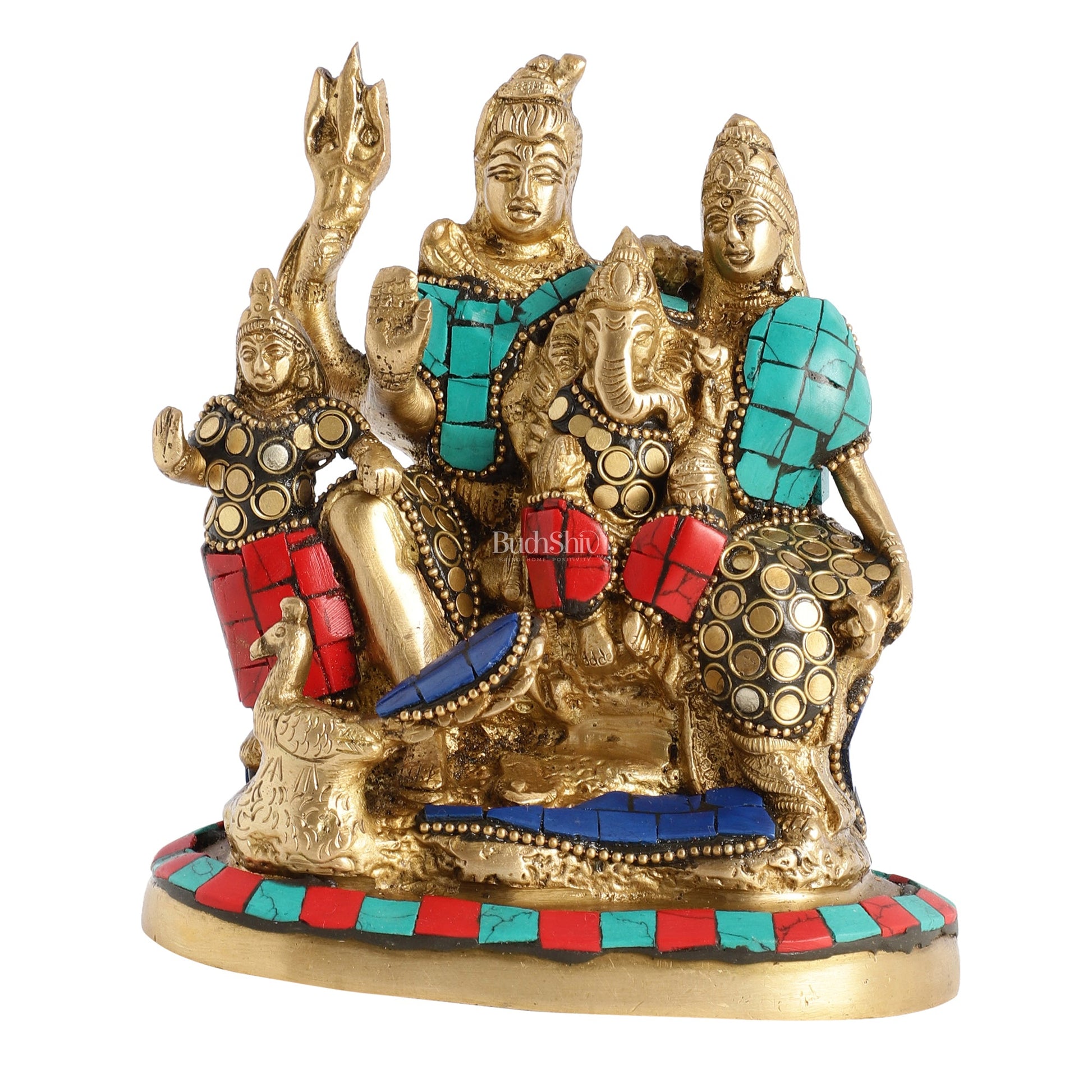 Brass Lord Shiva Parivaar Idol with Meenakari Stonework 6 inch - Budhshiv.com