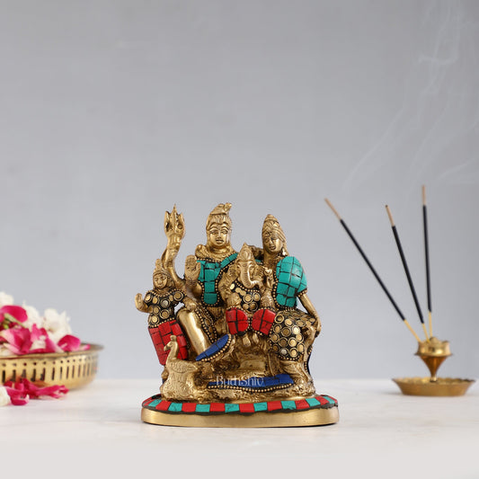 Brass Lord Shiva Parivaar Idol with Meenakari Stonework 6 inch - Budhshiv.com