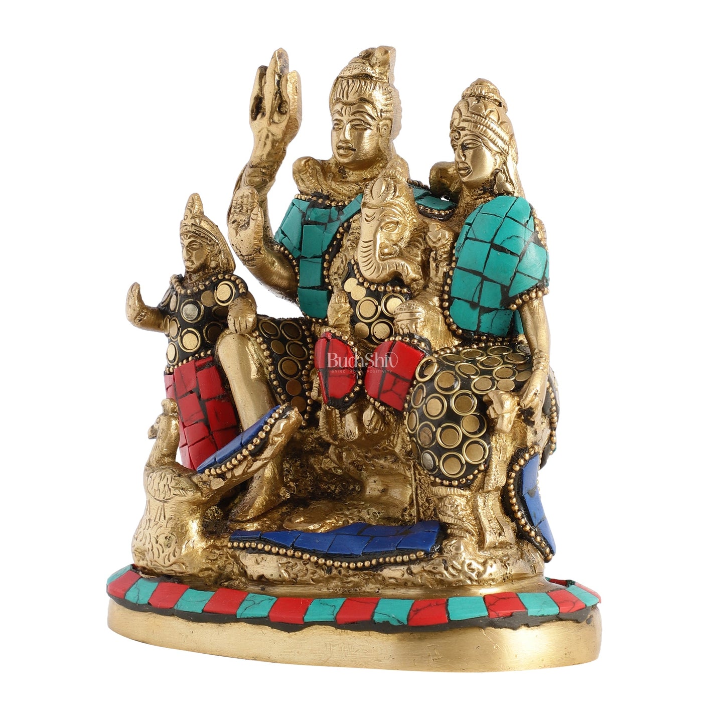 Brass Lord Shiva Parivaar Idol with Meenakari Stonework 6 inch - Budhshiv.com