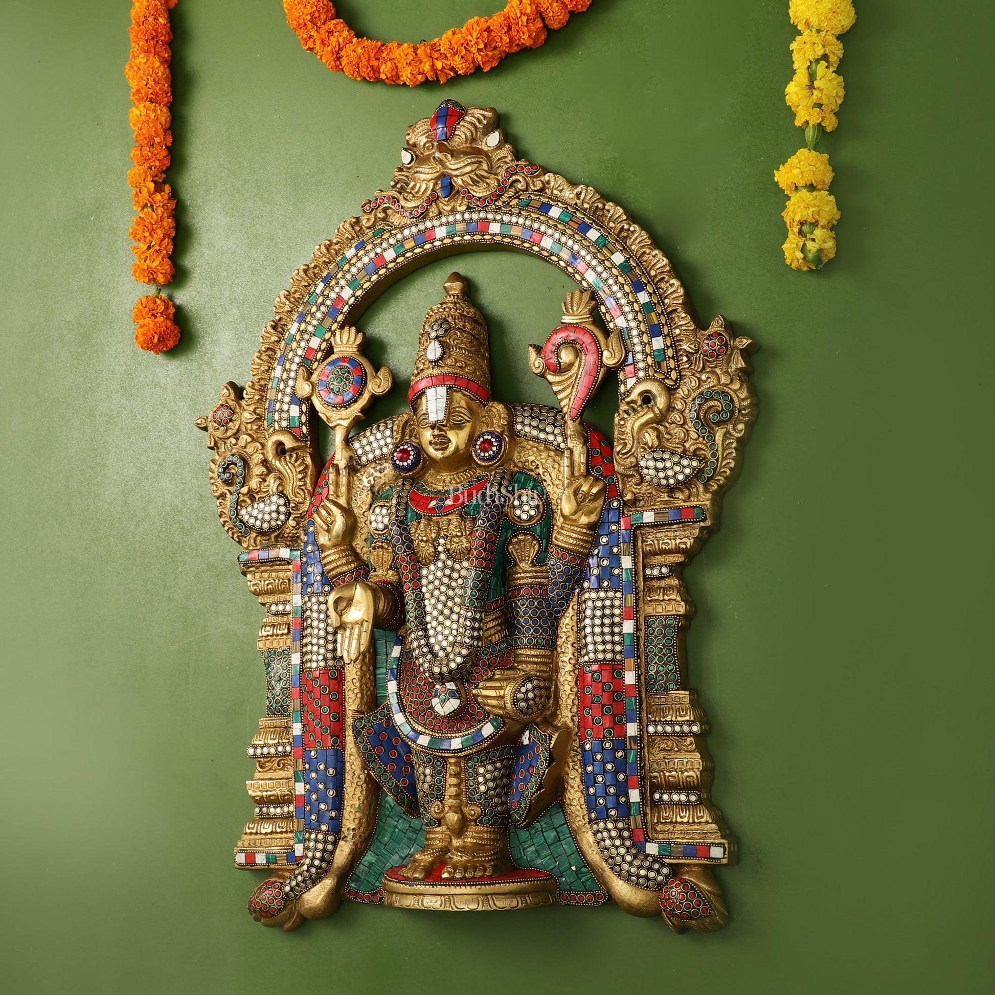 Brass Lord Venkateshwara Tirupati Balaji Wall Hanging - 26 Inch with stonework - Budhshiv.com
