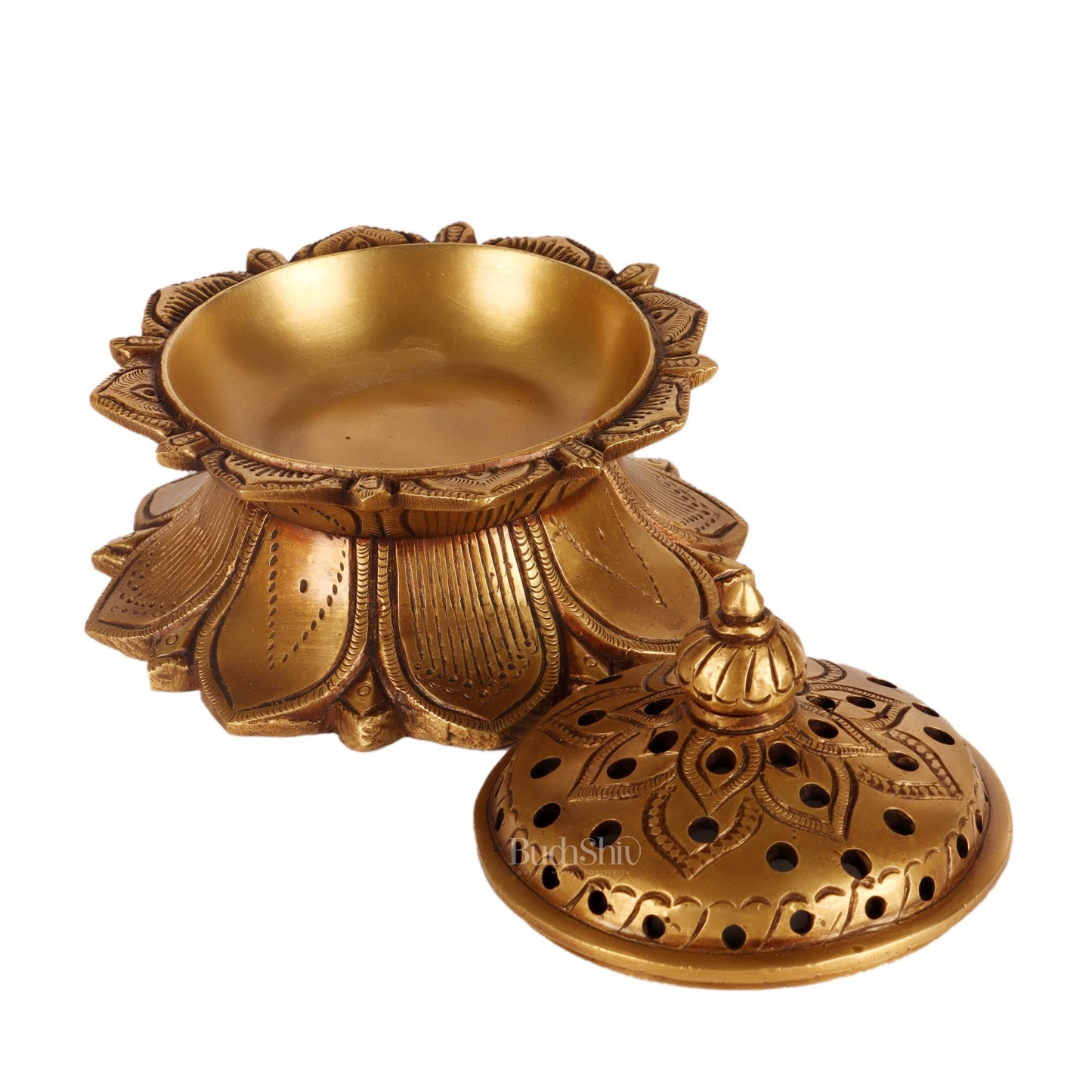 Brass Lotus Dhoop daani/ loban burner 4" antique tone - Budhshiv.com