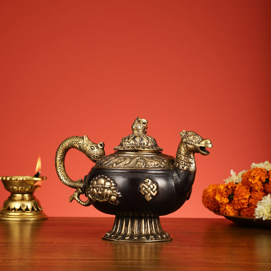 Brass Monastery Kettle for ritual Dragon and horse - Budhshiv.com
