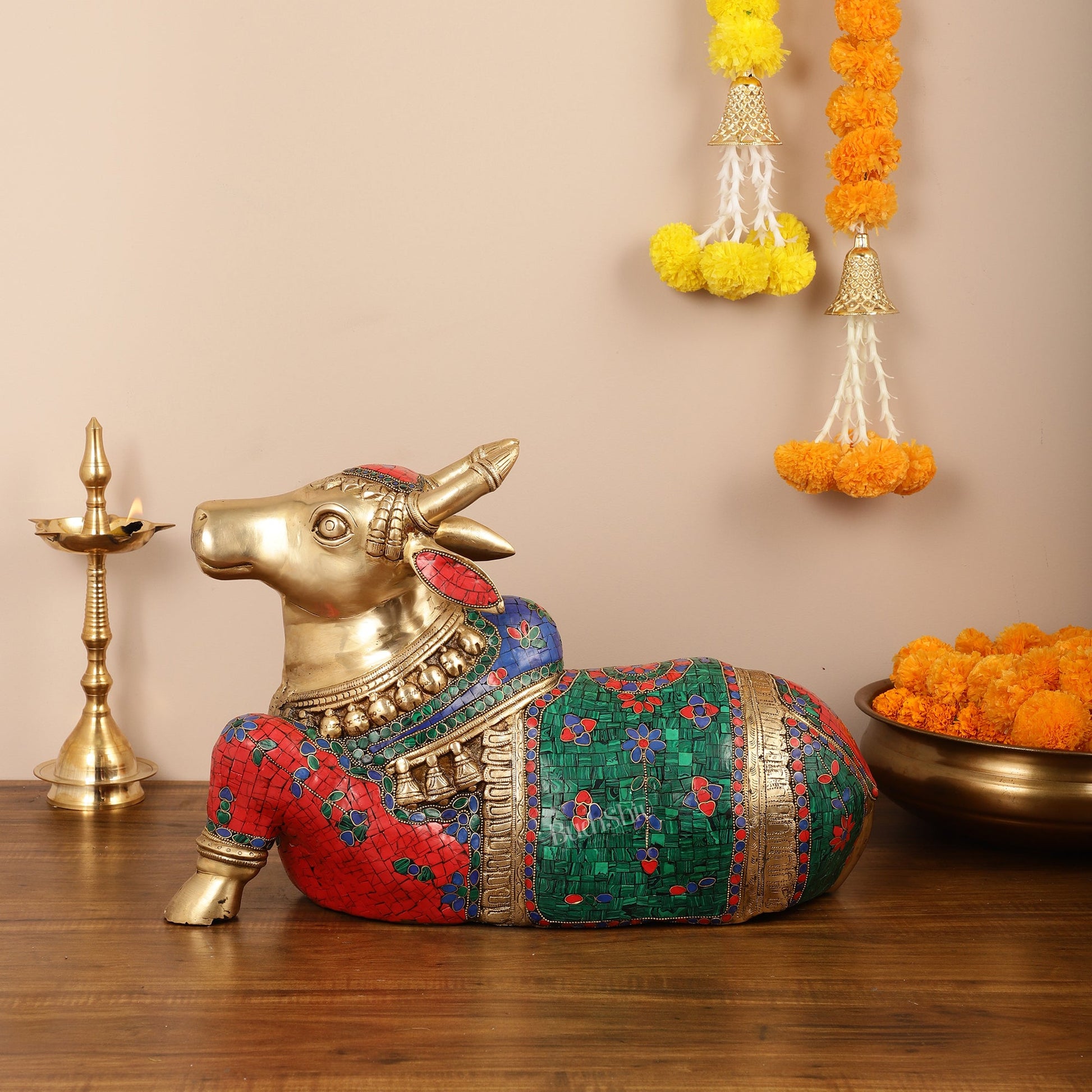Brass Nandi Idol with Exquisite Stonework 20 inch - Budhshiv.com