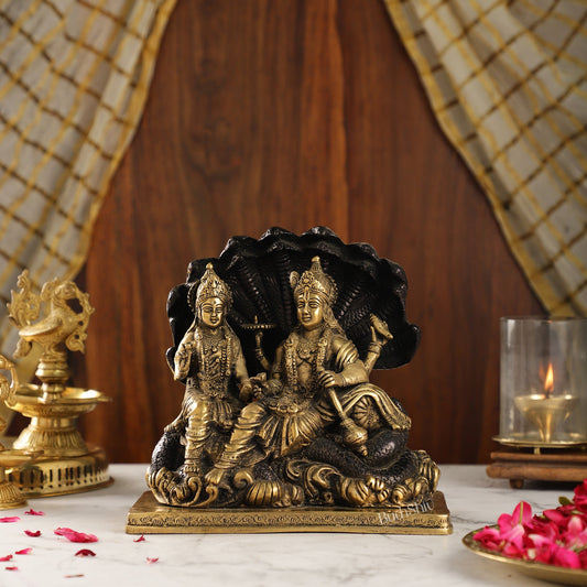 Brass Narayan Vishnu Lakshmi Idol on Sheshnaaga | 9" Height - Budhshiv.com