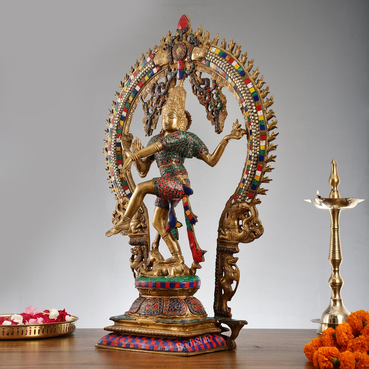 Brass Nataraja with stonework 26 inch - Budhshiv.com